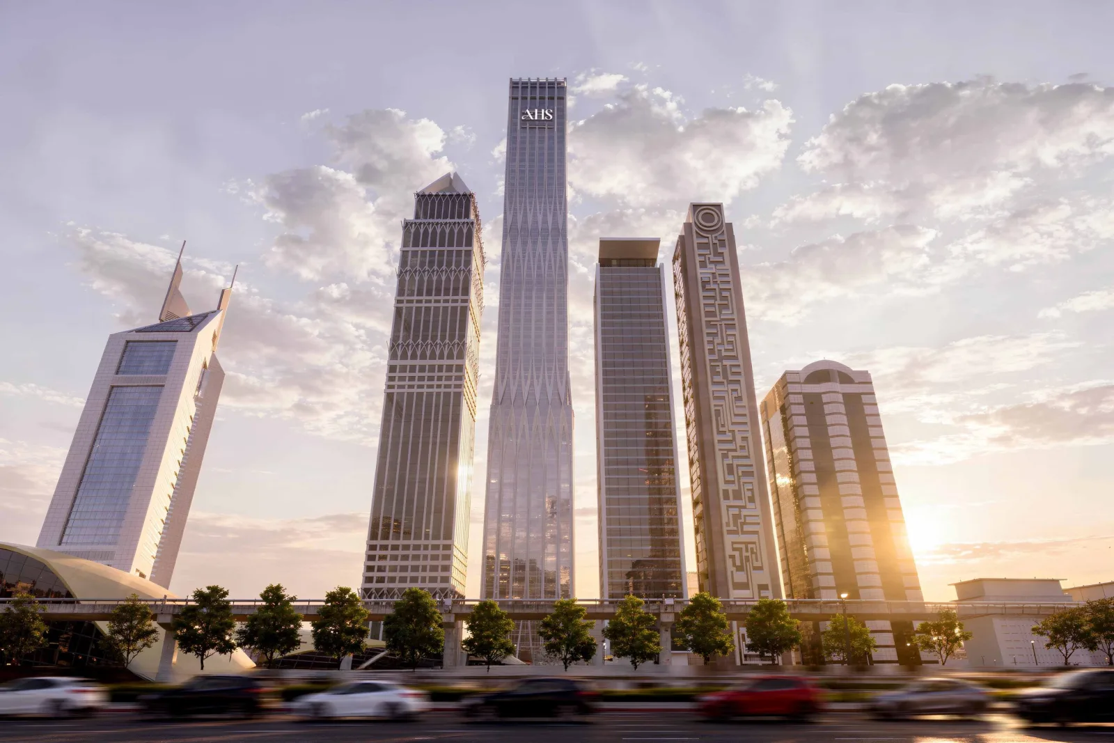 AHS Tower on Sheikh Zayed Road, slender glass tower among the Emirates Towers cluster at sunset