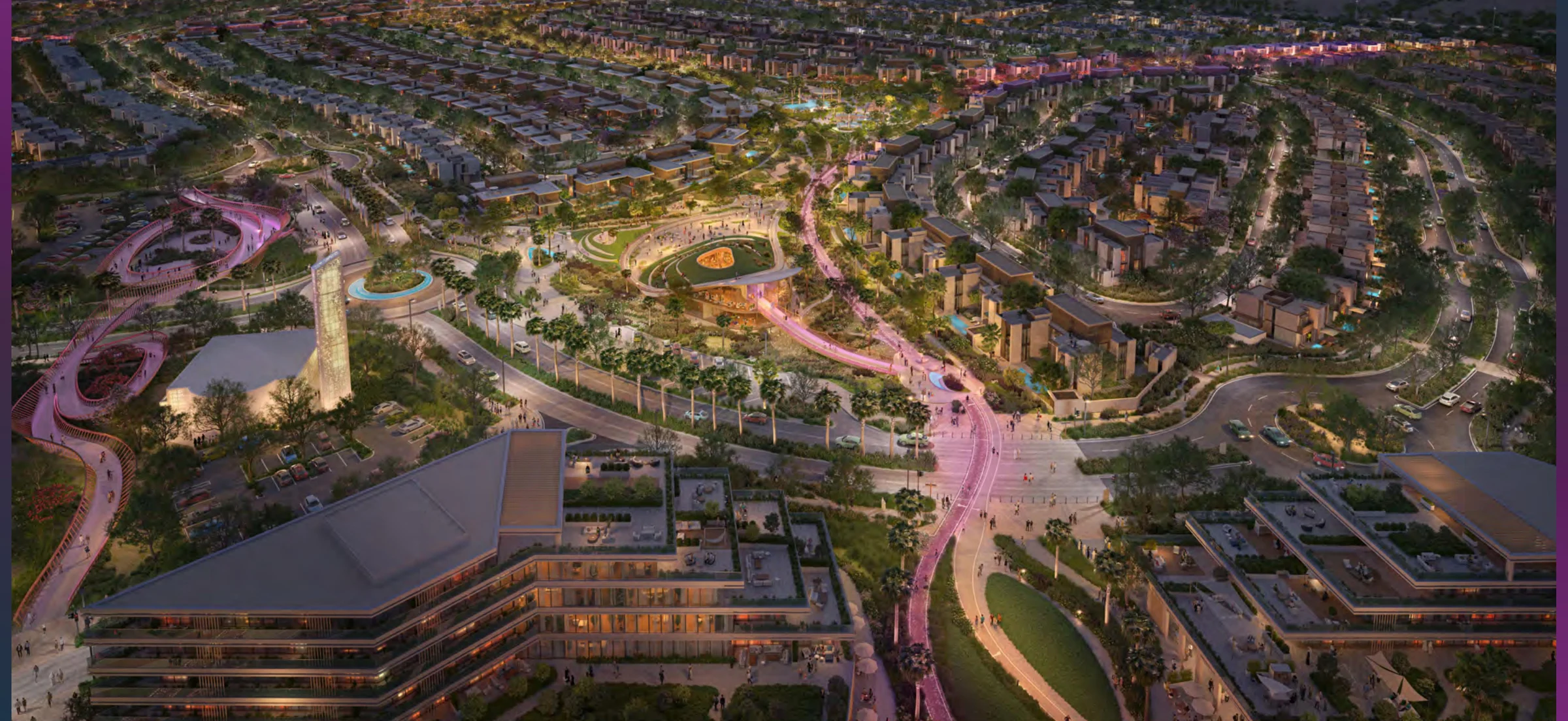 Athlon by Aldar seen from above — the trail loops threading between villa clusters