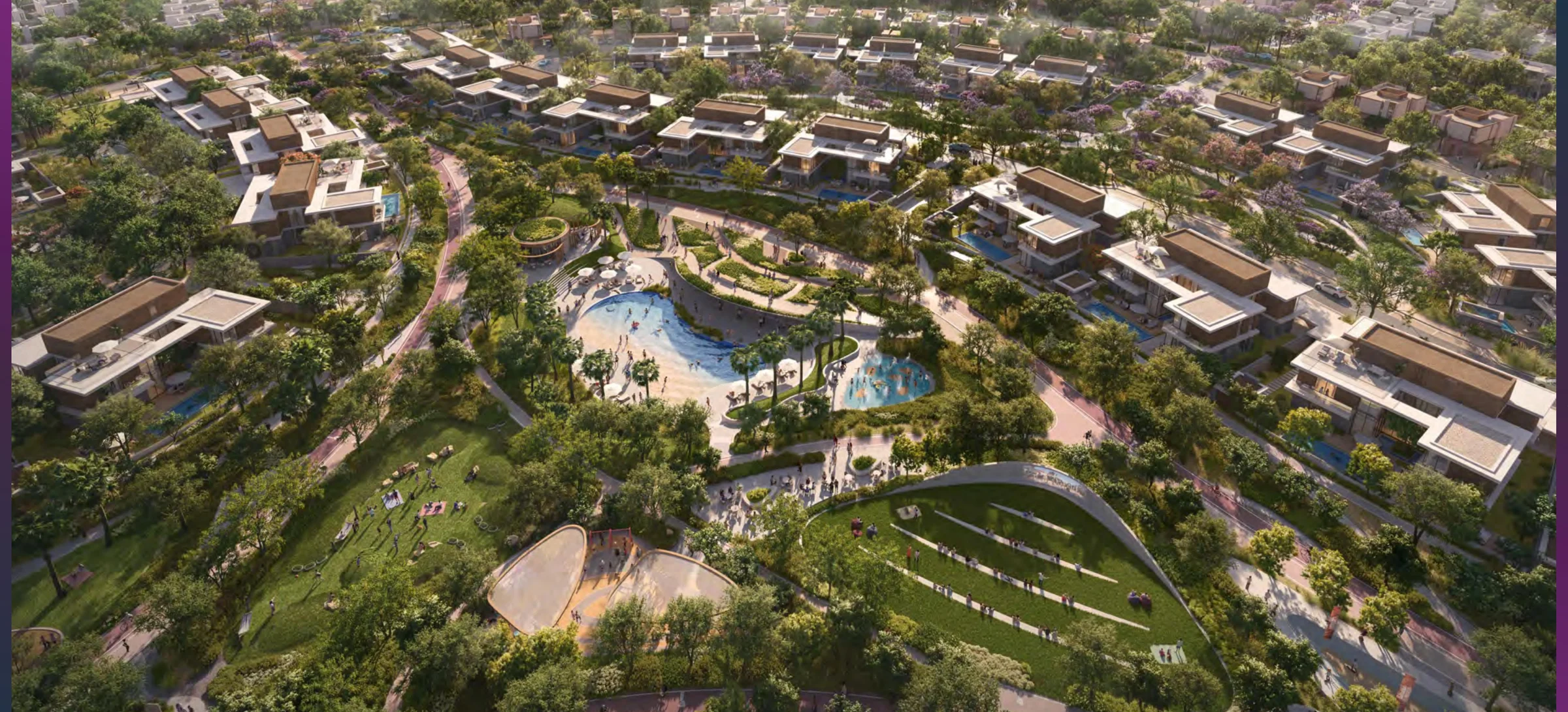 Athlon by Aldar from above — pools and clubhouses across the community