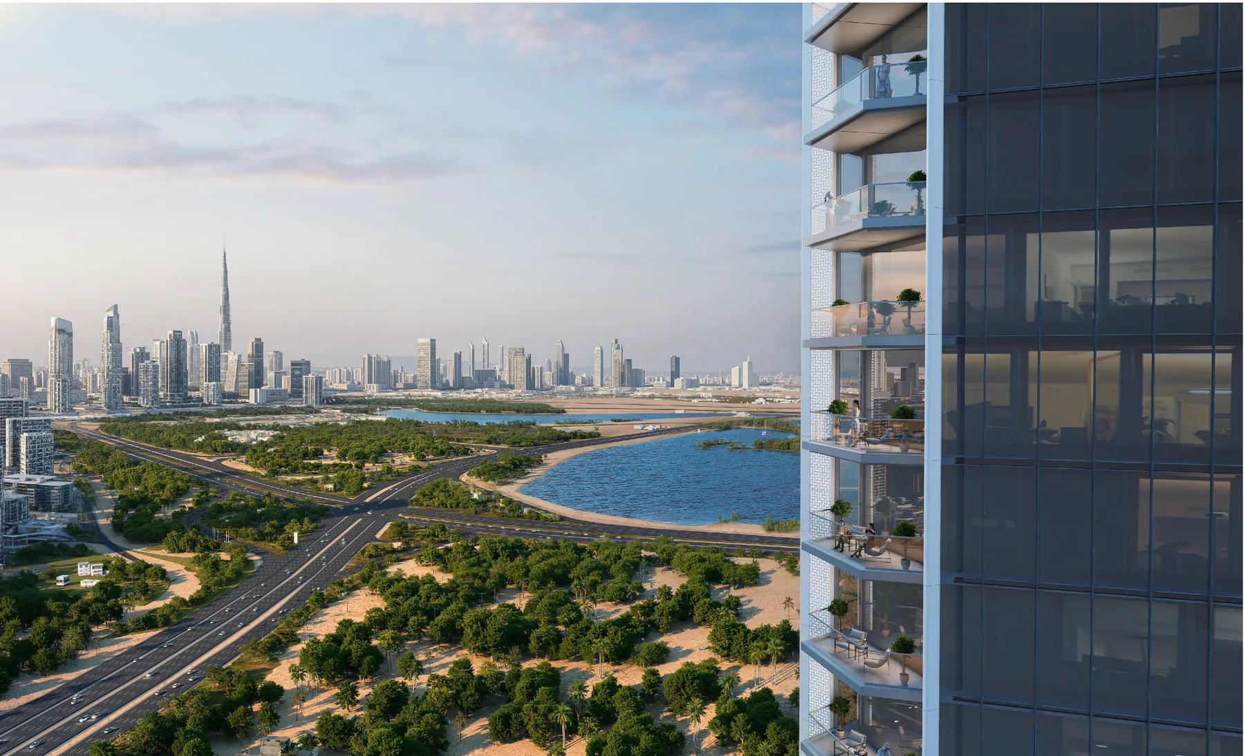 The city skyline from the development