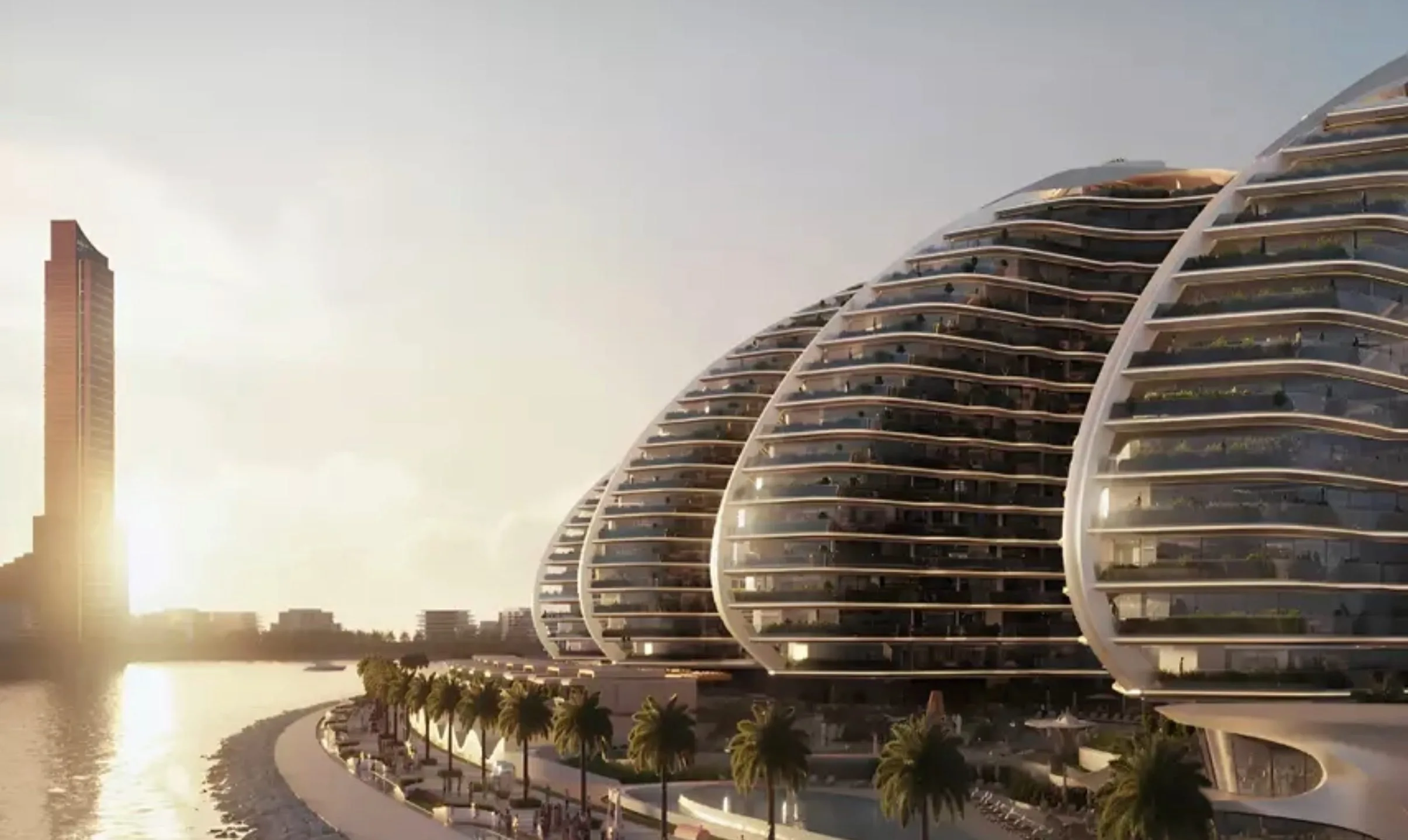 Building exterior at sunset